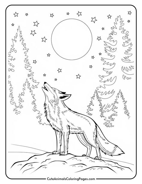 A black and white coloring page featuring a howling wolf on a rocky outcrop, surrounded by trees and a starry night sky with a large moon. Ideal for animal lovers and coloring enthusiasts. Geometric Wolf Drawing, Wolf Outline Drawing, Wolf Drawing Sketch, Wolf Line Drawing, Line Art Wolf, Wolf Doodle, Wolf Lineart, Outline Ideas, Wolf Outline