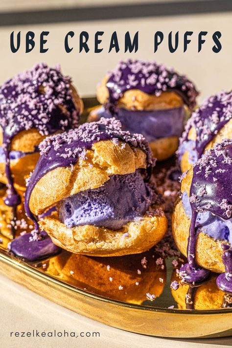 Ube Cream Puffs Ube Cream Puffs, Ube Desserts, Filipino Sweets, Ube Ice Cream, Ube Recipes, Macaron Template, Pumpkin Jam, Filipino Cuisine, Puff Recipe