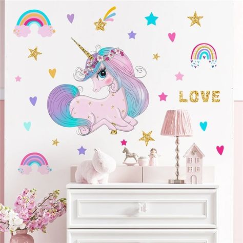 Unicorn Wall Decor, Baby Nursery Room, Hearts And Stars, Baby Changing Tables, Unicorn Wall, Wall Decor Decals, Cartoon Wall, Decoration Stickers, Wall Stickers Kids