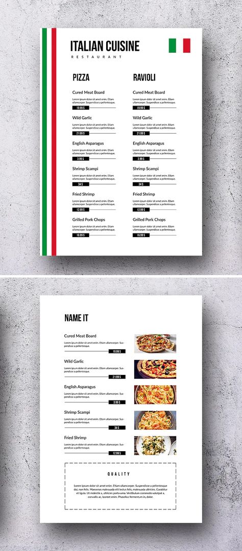 Italian Cuisine Elegant Single Page Food Menu Template PSD Menu Design Italian Restaurant, Italian Menu Template, Italy Menu Design, Italian Menu Design Ideas, Italian Food Menu Design, Italian Restaurant Menu Design, Italian Menu Design, Italian Restaurant Design, Italian Food Menu