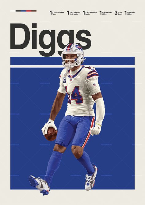 Stefon Diggs poster featuring a mid century modern design style. The high-quality print showcases a beautiful digital drawing of Stefon Diggs. Perfect for any Buffalo Bills fan looking to add some flair to their living space. Football Poster Design, Poster Styles, American Football Poster, Nfl Design, Nfl Poster, Anime Tshirts, Sport Posters, Baseball Wallpaper, Square Poster