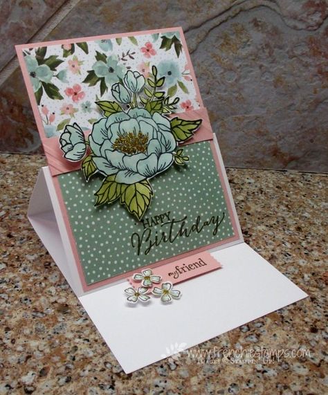 Stamp & Scrap with Frenchie: Easel card with Birthday Blooms Fancy Fold Card Tutorials, Floral Cards Design, Birthday Bouquet, One Sheet Wonder, Step Cards, Pink Cards, Designer Paper, Easel Cards, Spring Cards