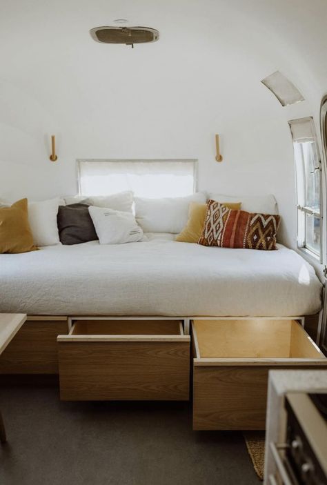 Glamping Aesthetic, Terrazzo Counter, Airstream Living, Slide Out Shelves, Airstream Remodel, Airstream Interior, Airstream Renovation, Joshua Tree California, Caravan Interior