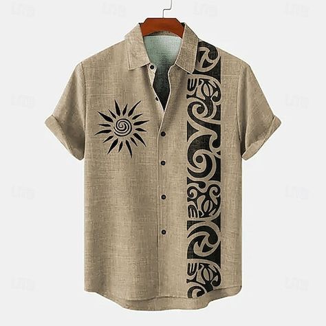 Ace Reference, Mens Linen Shirts Summer, Man Dress Design, Vintage Shirt Design, Mens Printed Shirts, Khaki Shirt, Mens Casual Outfits Summer, Linen Shirt Men, Vintage Short