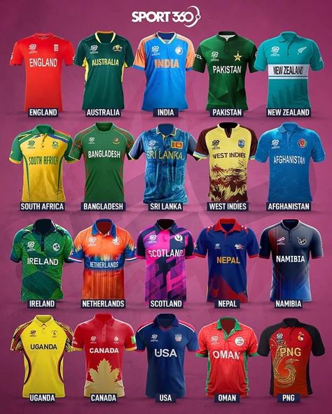 All 20 jerseys for the 2024 T20 World Cup 🏆👕🤩 Pick the top 𝐓𝐇𝐑𝐄𝐄 😎 T20 2024 World Cup, Phone Background Patterns, Sports Jerseys, T20 World Cup, Phone Background, Background Patterns, World Cup, The Top, Sports Jersey