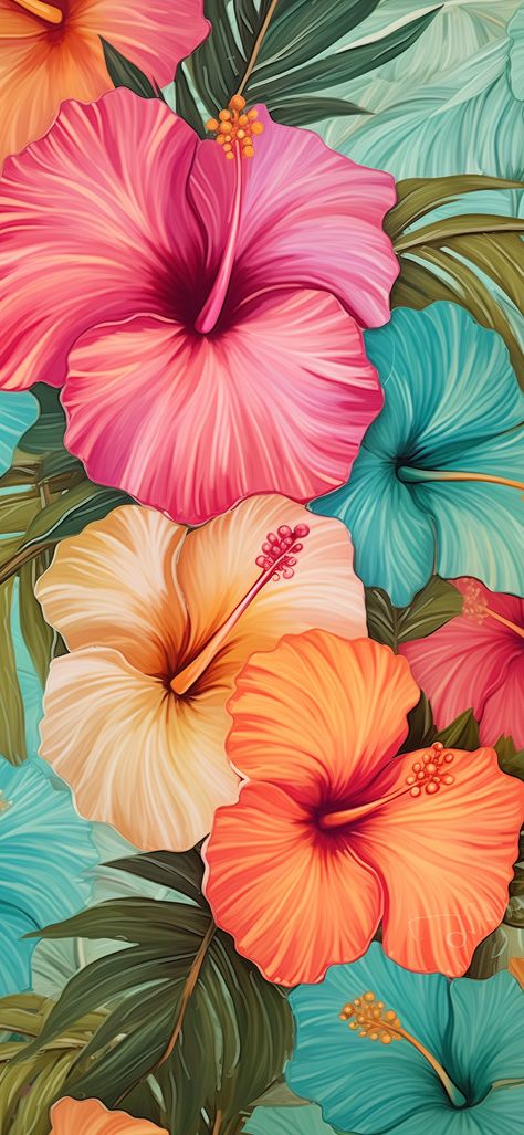 Tropical Flower Painting, Hibiscus Flower Wallpaper Aesthetic, Tropical Flowers Illustration, Tropical Artwork, Horizontal Painting, Wallpaper Tropical, Tropical Art Print, Tropical Painting, Tropical Background