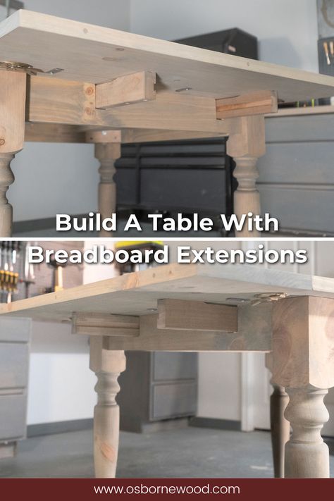 Photo shows two different angles of the underside of a table using breadboard extension slides installed via a notch through the table's apron boards. Build A Table, Table Extension, Beautiful Farmhouse, Extending Table, Extension Table, Bread Board, Table Sizes, Farm Table, Wood Products