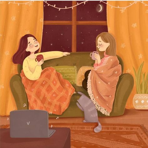 Inspirational Illustrations on Instagram: “The best company 🤗🌌🌙🏠☕😺 Artist: @oftennice_art 🌼🌼🌼🌼 #home #cosy #friendship #bff #childhood #cats #childrenillustration #illustration…” Friends Illustration, Inspirational Illustration, Arte Van Gogh, Woman Illustration, Art Drawings For Kids, Dreamy Art, Girls Cartoon Art, Pics Art, Girly Art