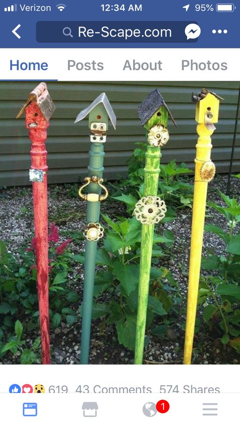 Upcycled Spindles, Backyard Sidewalk, Candlestick Crafts, Spindle Crafts, Garden Birdhouses, Garden Totems, Garden Poles, Garden Junk, Birdhouse Designs