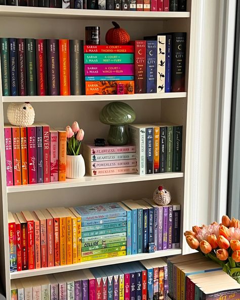 The lighting today was absolutely awful so these bookshelf pics definitely came out a lot gloomier than I expected, but I still love this cozy space 🎧✨☕️ QOTD: what colour/ shade of bookshelf do you want in your dream library? (White, black, grey, wood, bright coloured….) . . . . . . #book #booklover #reader #romancebooks #romancereader #books #tbr #bookshelf #bookstack #bookaesthetic #beautifulbooks #bookshelfdecor #fantasybooks #fantasyreader Color Coded Bookshelf, Bookshelf Painting, Tbr Bookshelf, Bookshelf Inspo, Painted Bookshelves, Books Tbr, Crown Of Midnight, Dream Library, Empire Of Storms