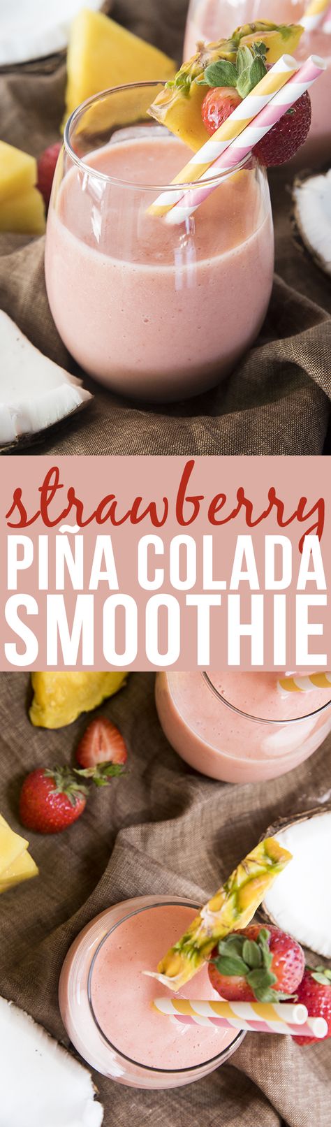 Strawberry Pina Colada Smoothie - This delicious smoothie is full of frozen pineapple, strawberries and cream of coconut for a perfectly refreshing and sweet drink, great for summer time! Strawberry Pina Colada, Strawberry Pineapple Smoothie, Pina Colada Smoothie, Protein Smoothies, Pineapple Strawberry, Alcoholic Beverage, Pineapple Smoothie, Sweet Drinks, Summer Drink