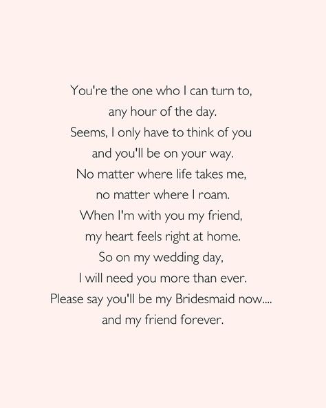 If you’re anything like me and can never think of what to say when it comes to saying it, here are the 5 most requested Bridesmaid proposal poems to help you with your proposal cards. 🥰 #bridesmaidcards #proposalcards #proposalideas Letters To Bridesmaids From Bride, Moh Speech Best Friend, Proposal Poems, Bridesmaid Proposal Quotes, Bridesmaid Proposal Poem, Bridesmaid Proposal Letter, Bridesmaid Poems, Bridesmaid Quotes, Bridesmaid Letter