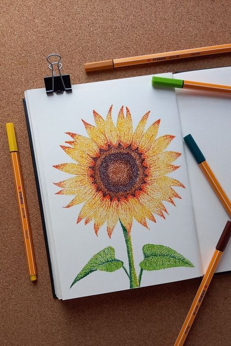 Stippling Painting, Pointalism Art, Dotted Drawings, Easy Disney Drawings, Stippling Art, Pen Art Drawings, Sunflower Art, Dot Art Painting, Book Art Diy