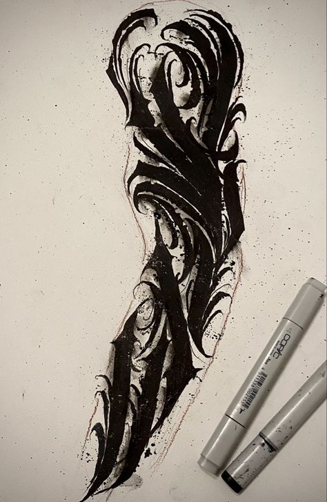 Sleeve Tattoos Dark Art, Abstract Calligraphy Tattoo, Dark Ornamental Tattoo Arm, Dark Abstract Tattoo, Dark Ornamental Tattoo Design, Dark Black Tattoos, Abstract Black Tattoo, Dark Calligraphy Tattoo, Abstract Sleeve Tattoo