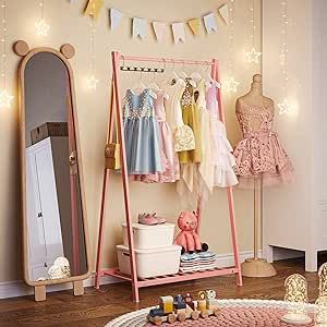 Dress Up Rack, Dress Up Area, Dress Up Storage, Bookshelf Table, Kids Clothing Rack, Hanging Hats, Pink Clothing, Long Clothes, Kids Garments