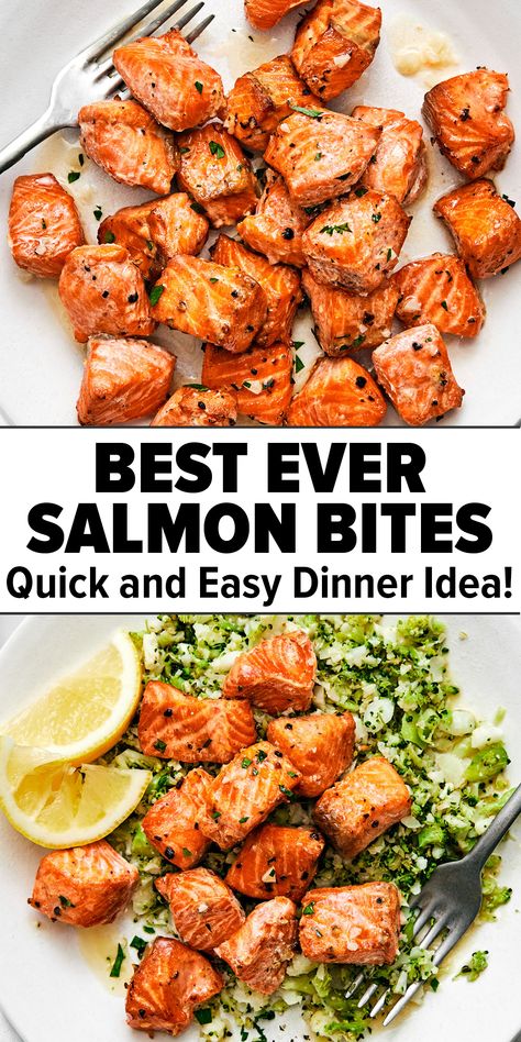 Salmon bites on a white plate topped on vegetables Low Carb Salmon Dinner Recipes, Meals To Make With Salmon, Salmon Diet Recipes, Salmon Cubed Recipes, Chicken And Salmon Dinner, Easy Meals With Salmon, Salmon Lunch Box Ideas, Quick And Healthy Meal Prep, Salmon Ideas Healthy