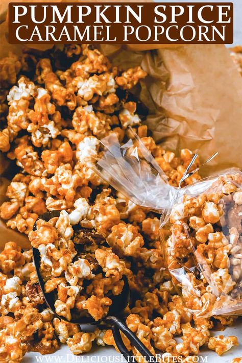 Freshly popped popcorn and nuts are coated with a mouthwatering pumpkin spiced caramel, then baked on low until nice and crispy. It's an easy-to-make, tasty fall treat! | #popcorn #caramelcorn #pumpkinspice #caramelpopcorn #fallrecipes Pop Popcorn, Caramel Corn, Caramel Popcorn, Fall Treats, Fall Recipes, Pumpkin Spice, Popcorn, Sweet Potato, Nuts