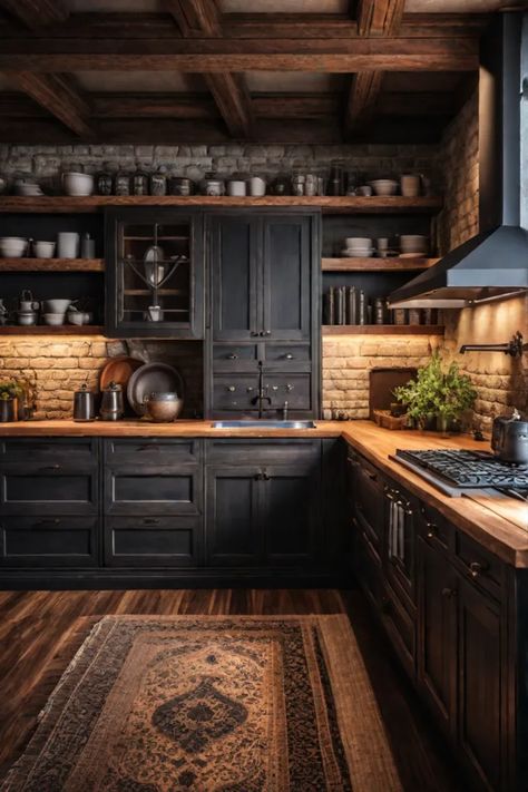 A warm and inviting rustic kitchen featuring handcrafted wood cabinets open shelving Black Wooden Kitchen Cabinets, Black Rustic Cabinets, Cabinets And Shelves Kitchen, Cabin Kitchens Modern, Dark Rustic House Interior Design, Wood Looking Countertops Kitchen, Kitchen Ideas Antique, Wood And Black Living Room Decor, Urban Rustic Kitchen