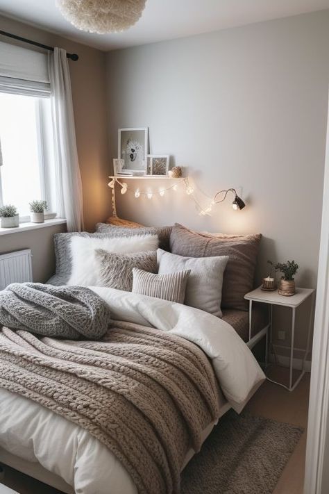 Grey Tan And White Bedroom, Grey Brown And White Bedroom, Blue And Beige Room, Beige And Grey Bedroom, Grey And White Room, Dream Bedroom Inspiration, Brown Rooms, Aesthetic House, Comfy Bedroom