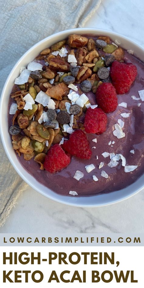 Low Carb Acai Bowl, Keto Acai Bowl Recipe, High Protein Acai Bowl, Low Calorie Acai Bowl Recipe, Healthy Acai Bowl Recipe, Protein Acai Bowl Recipe, High Protein Bowls Low Carb, Acai Branding, Keto Acai Bowl