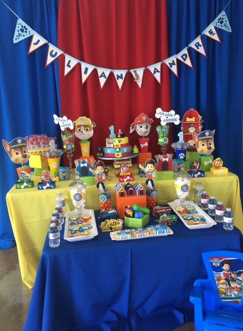 Paw Patrol Candy Table Ideas, Paw Patrol Candy Table, Paw Patrol Pinata, Candy Bar Ideas, Paw Patrol Birthday Theme, Candy Tables, 1st Birthday Themes, Paw Patrol Birthday Party, Patrol Party