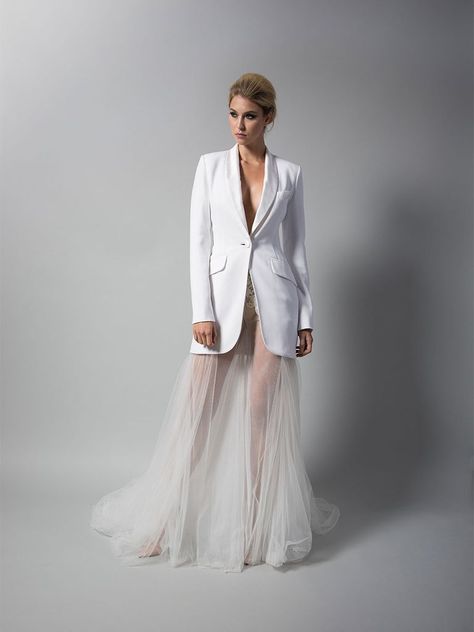 Randi Rahm Fall 2018 wedding dresses suit jacket gown with tulle skirt White Lace Pants, Leandra Medine, Sheer Wedding Dress, White Tuxedo, White Suit, Lace Pants, Tuxedo Dress, Tuxedo Wedding, Bridal Fashion Week