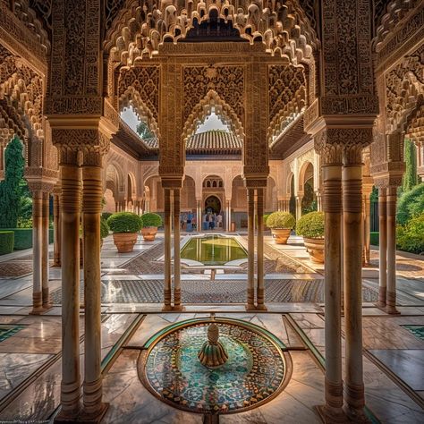 The picture shows the Court of the Lions in the Alhambra, a UNESCO World Heritage Site in Granada, Spain. It is one of the most famous examples of Moorish architecture in Spain ->> more details in ai-img-gen.com Spain Islamic Architecture, Alhambra Palace Interior, Spanish Moorish Architecture, The Alhambra Spain, Andalusian Mosque, Alhambra Architecture, Andalusian Wedding, Indian Courtyard, Summer Desktop Backgrounds