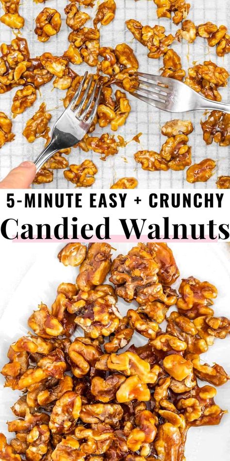 Here's a simple step-by-step candied walnuts recipe you can make with 3 ingredients in 10 minutes.Candied walnuts are a sweet, crunchy, and delicious treat to eat as a snack, candy, or as an addition to desserts or winter salads. 5 Minute Candied Walnut Recipe, Candied Nuts For Salad, Quick Candied Walnut Recipe, Candied Walnut Recipe Salad, Healthy Candied Walnuts Easy, Easy Candied Walnut Recipe, How To Candy Walnuts For Salad, Keto Walnuts Candied, Candies Walnuts Easy