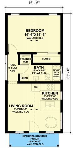 Stackable Laundry Closet, Annex Ideas, Tiny Bungalow, 500 Sq Ft House, Adu Plans, Stackable Laundry, Granny Cottage, Vaulted Living Room, Shed House Plans