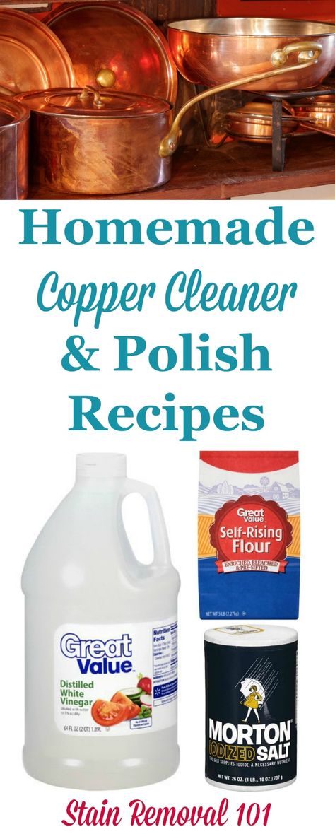 Several homemade copper cleaner and polish recipes using natural, frugal ingredients {on Stain Removal 101} Copper Cleaner Homemade, Copper Polish Diy, Copper Cleaner Diy, Clean Copper, Copper Cleaner, Brass Cleaner, Clean Baking Pans, How To Polish Copper, Cleaning Painted Walls