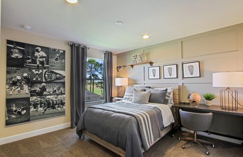 Your kids will dream about scoring big in this lacrosse themed bedroom! | Pulte Homes Lacrosse Themed Bedroom, Lacrosse Room Ideas, Lacrosse Bedroom Ideas, Teen Boy Bedroom Furniture, Lacrosse Bedroom, Lacrosse Room, Kids Bedroom Furniture Sets, Boys Bedroom Furniture