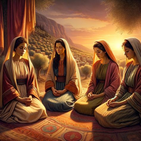 In an ancient setting reminiscent of the early Christian era, four young women are depicted in spiritual contemplation. Dressed in traditional robes, each daughter has a distinct appearance, reflecting their personalities and spiritual gifts. They are gathered in a semi-circle, under a warm glow of a setting sun. The background shows a rustic landscape with olive trees and a distant village,... Bible Frame, Spiritual Battle, Church Leadership, Rustic Landscape, Prayer Closet, Cartoon Trees, Message Bible, Bible Images, Bible Illustrations