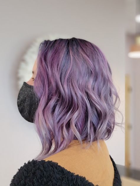 Long Bob Hairstyles Purple, Short Curly Lavender Hair, Purple Hair Blonde Roots, Lavender Bob Hair, Lavender Hair Dark Roots, Light Purple Short Hair, Grey Hair Lob, Muted Purple Hair, Dark Lilac Hair