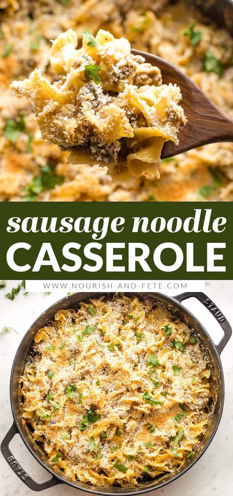 This cozy sausage noodle casserole has egg noodles, pork sausage, and cheese, all wrapped up in a creamy sauce and baked under a crispy breadcrumb topping. This is classic comfort food the whole family will love. Link Sausage Casserole Dinners, Egg Noodles And Smoked Sausage, Ground Sausage And Noodle Recipes, Italian Sausage And Egg Noodles, Spaghetti With Pork Sausage, Sausage Egg Noodle Casserole, Sausage Macaroni Casserole, Dinner Ideas With Pork Sausage, Recipes That Use Egg Noodles