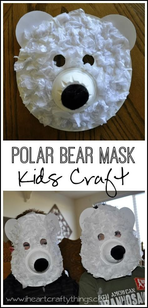 Paper Plate Polar Bear Mask Craft for Kids. Learn about arctic animals and make this fun Polar Bear Mask. Great preschool kids craft. From iheartcraftythings.com Bear Mask Craft, Paper Plate Polar Bear, Polar Bear Mask, Bear Masks, Mask Craft, January Crafts, Bear Mask, Masks Crafts, Winter Preschool