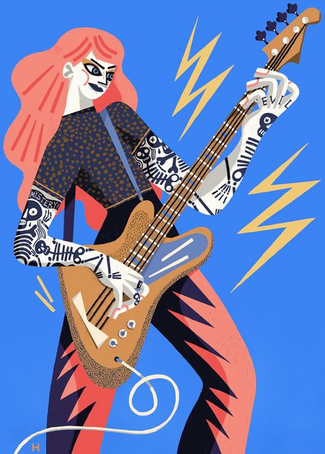 Guitar Illustration, Guitar Posters, Music Illustration, Bass Player, Art And Illustration, Illustration Character Design, Editorial Illustration, Summer 2019, Cute Illustration