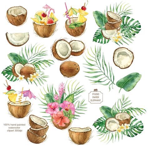 Coconut Clipart, Coconut Cocktail, Cocktails Clipart, Coconut Drink, Cocktail Illustration, Tropical Food, Summer Party Invitations, Coconut Drinks, Food Summer