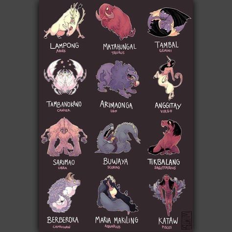 80 Likes, 4 Comments - The Aswang Project (@theaswangproject) on Instagram: “What’s your Philippine Mythical Creature star sign? Check out this super fun chart created by…” Filipino Mythical Creatures, Mythical Creatures List, Filipino Mythology, Philippine Mythology, Myths & Monsters, Mythical Monsters, World Mythology, Filipino Art, Philippine Art