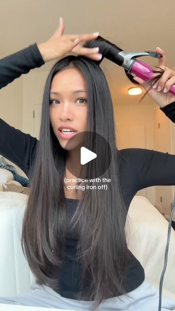 Alysia Loo on Instagram: "Curling iron basics 😽" Curling Long Hair With Wand, Curls At The Bottom Of Hair, Blowout With Curling Iron, How To Use A Curling Iron, How To Curl Your Hair With A Curl Iron, Curl Hair With Flat Iron Long, Curling Long Hair, Curling Iron Tutorial, Blowout Curls