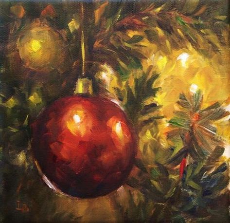 Oil Pastel Art Christmas, Painting Of Ornaments, Aesthetic Christmas Painting, Christmas Light Painting, Christmas Paintings Ideas, Christmas Painting For Kids, Oil Pastel Christmas, Holiday Paintings On Canvas, Christmas Gouache