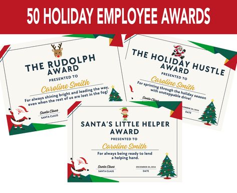 Holiday Employee Certificates, Funny Employee Awards, Christmas Certificates, Holiday Party Awards, Staff Appreciation Certificates Meetings Christmas Awards Ideas, Fun Awards For Employees Free Printables, Christmas Staff Morale Booster, Holiday Employee Appreciation, Funny Christmas Party Awards, Workplace Awards Funny, Fun Certificates For Employees, Funny Office Awards Employee Recognition, Holiday Spirit Week