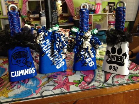 Cow bells for football Cow Bells Football, Cow Bell Decor Ideas Football, Football Cowbell Ideas, Spirit Cowbell, Cowbell Decorations Football, Football Cowbells, Cowbell Decorations, Cow Bell Decor, Squad Gifts