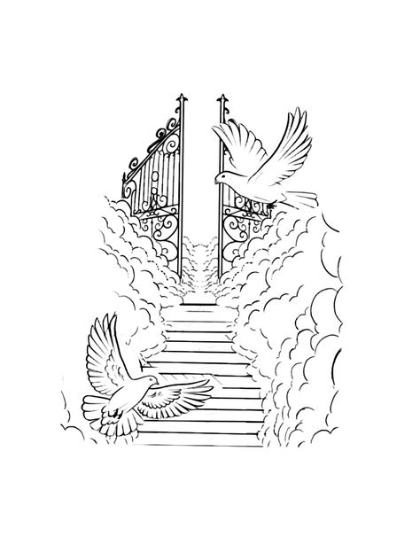 Pearly Gates Tattoo, Heaven Gates Tattoo Stencil, Bay Area Tattoos Ideas, Stairway To Heaven Tattoo Stencil, Paradise Tattoo Design, Stairway To Heaven Tattoo Design, Heavens Gates Tattoo Design, Heaven Drawing, Stairs To Heaven Tattoo