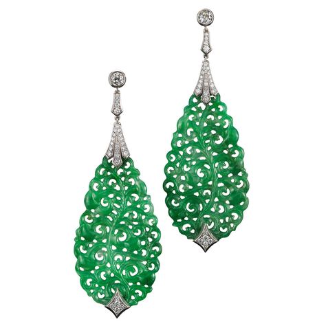 Fred Leighton Carved Jade and Diamond Foliate Pendant Earrings | From a unique collection of vintage dangle earrings at https://www.1stdibs.com/jewelry/earrings/dangle-earrings/ Jade Earrings Drop, Art Deco Jewelry Rings, Fred Leighton, Carved Jade, Jade Earrings, Jade Carving, Jade Jewelry, Antique Earrings, Earrings Drop