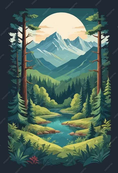 Premium Vector | A poster for a mountain stream Stream Illustration, Tshirt Illustration, Silhouette Painting, Mountain Stream, Stationery Templates, Flyer Maker, Card Banner, Business Card Maker, Watercolor Inspiration