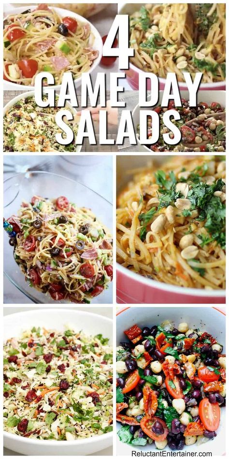 4 Game Day Salads to Serve a Crowd #gameday #salads #superbowlsalads via @sandycoughlin Football Party Salads, Tailgate Salad Ideas, Football Salad Recipes, Super Bowl Salad Ideas, Game Day Salad, Tailgate Salad Recipes, Gameday Sides, Game Day Sides Dishes, Crazy Salad Recipe