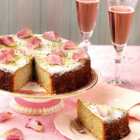 An incredibly pretty cake with the fragrant super-trendy flavour of the Middle East Rose Water Cake Recipe, Rose Water Cake, Water Cake Recipe, Rosewater Cake, Water Cake, Rose Recipes, Torte Cupcake, Pistachio Cake, Wedding Cake Recipe