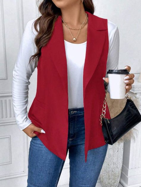 SHEIN Privé Plus Lapel Neck Open Front Vest Blazer | SHEIN USA Red Vest Outfit, Sleeveless Blazer Vest, Classy Short Dresses, Blazer Plus Size, Chic Clothing Style, Simple Casual Outfits, Casual Chic Outfits, Open Front Vest, Waistcoat Woman