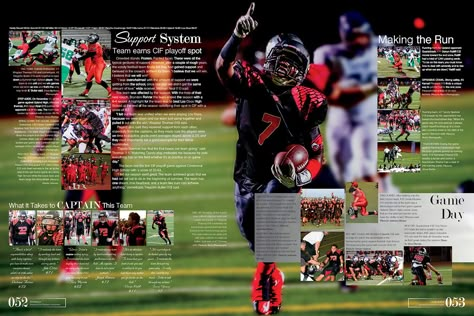 Etiwanda High School / Sports / Varsity Football spread Football Yearbook Pages, Football Yearbook Spread, Yearbook Sports Spreads, Highschool Yearbook Ideas, Creative Yearbook Ideas, Yearbook Spread Ideas, Student Pictures, Yearbook Page Ideas, Yearbook Layout Ideas