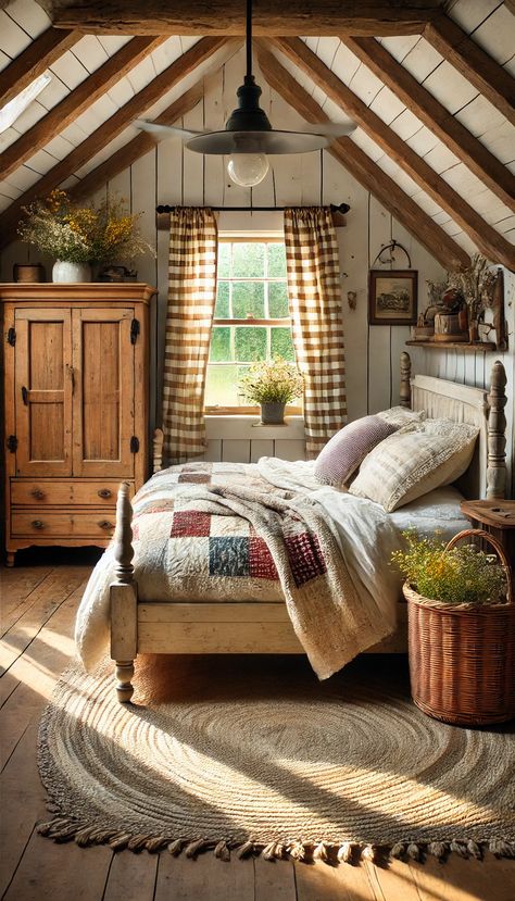 🌾 21 Dreamy Farmhouse Bedroom Decorating Ideas You Can't Resist! 🌾 Small Wooden Cottage House, Rustic Farm Bedroom, Old Farmhouses, Wicker Bedroom Furniture, Barn Bedroom, Wooden Bed Frame Rustic, Reclaimed Wood Bed Frame, Farm Bedroom, Gingham Curtains